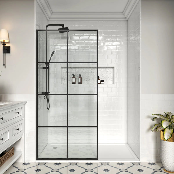 French Fixed Screen Shower Door in Matte Black with Grid Glass - W01C